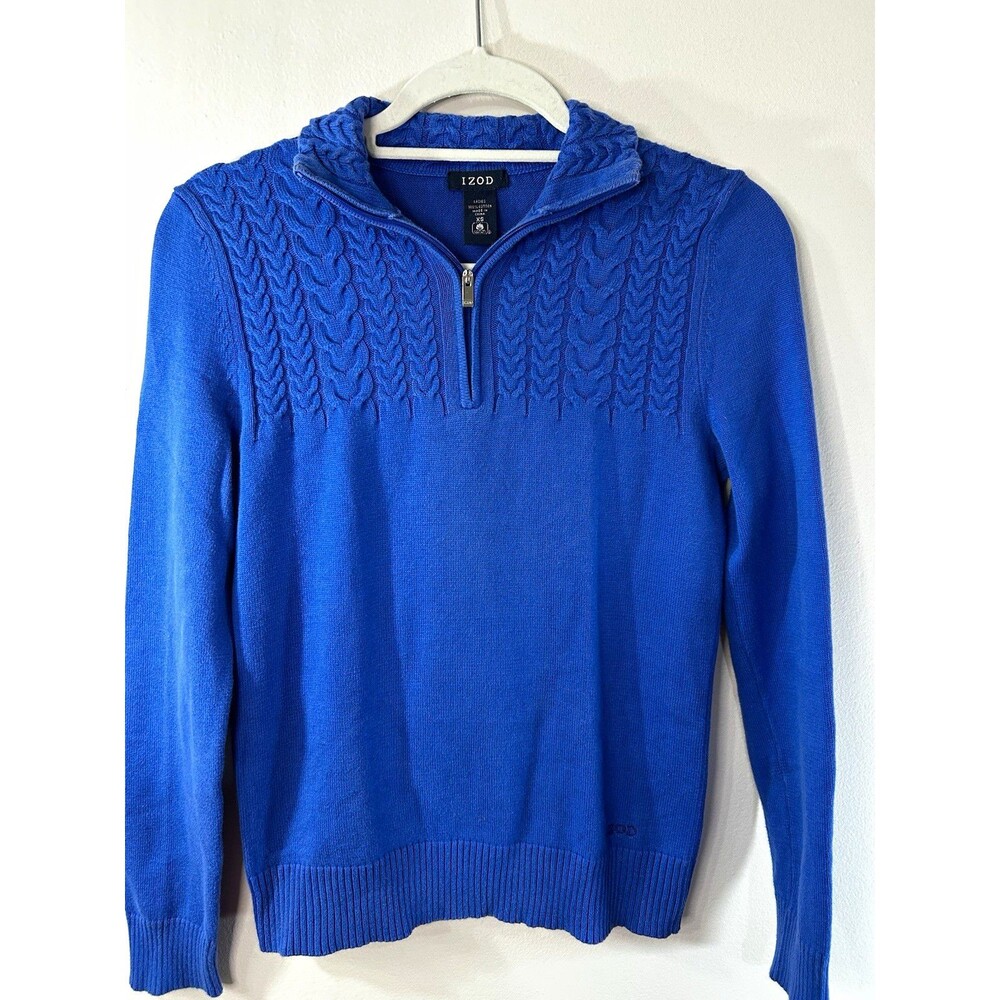 IZOD Women’s Blue 100% Cotton Cable-Knit Mock Neck 1/4 Zip Pullover Sweater XS